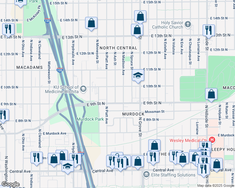 map of restaurants, bars, coffee shops, grocery stores, and more near 1057 North Madison Avenue in Wichita