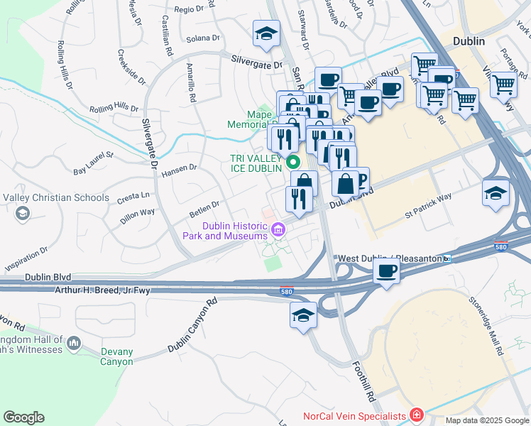 map of restaurants, bars, coffee shops, grocery stores, and more near 7080 Donlon Way in Dublin