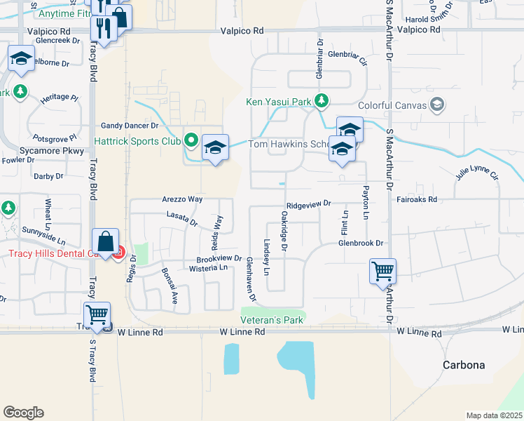 map of restaurants, bars, coffee shops, grocery stores, and more near 133 Ridgeview Drive in Tracy