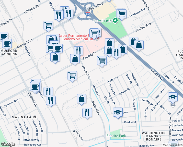 map of restaurants, bars, coffee shops, grocery stores, and more near 2800 Merced Street in San Leandro