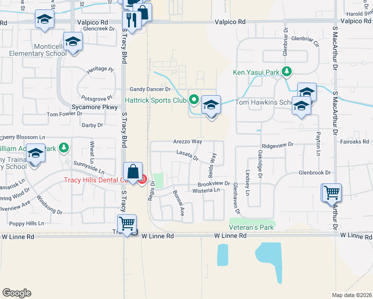 map of restaurants, bars, coffee shops, grocery stores, and more near 250 Arezzo Way in Tracy