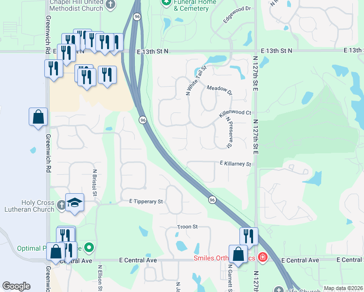 map of restaurants, bars, coffee shops, grocery stores, and more near 1018 N White Tail Cir in Wichita
