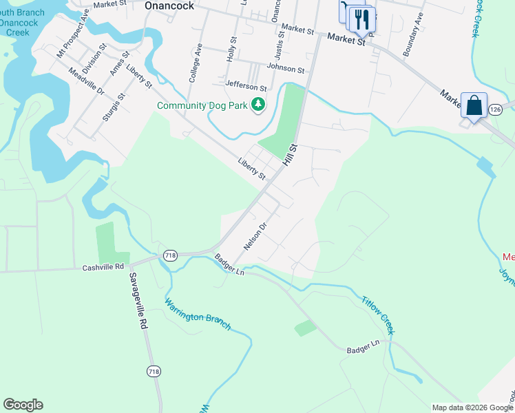 map of restaurants, bars, coffee shops, grocery stores, and more near Hill Street in Onancock