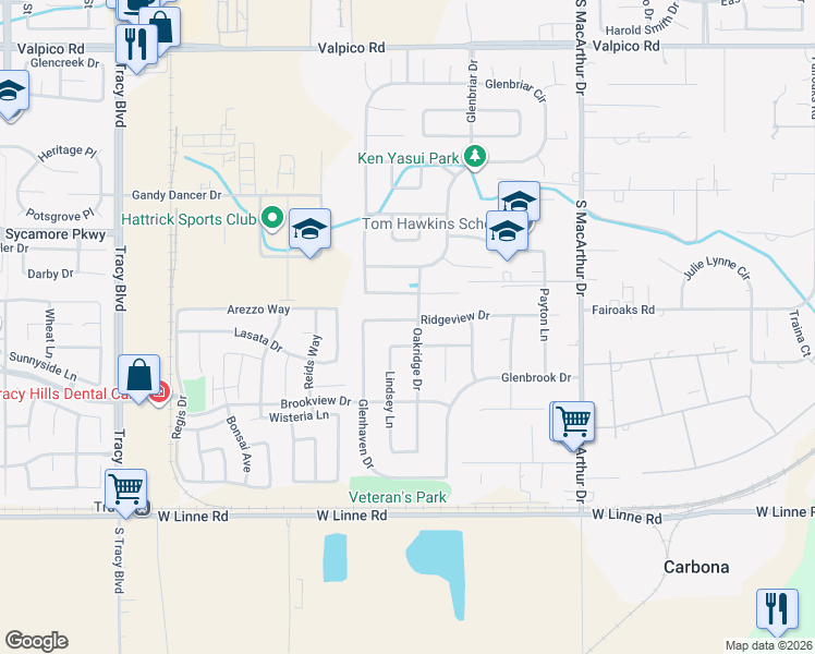 map of restaurants, bars, coffee shops, grocery stores, and more near 223 Ridgeview Drive in Tracy