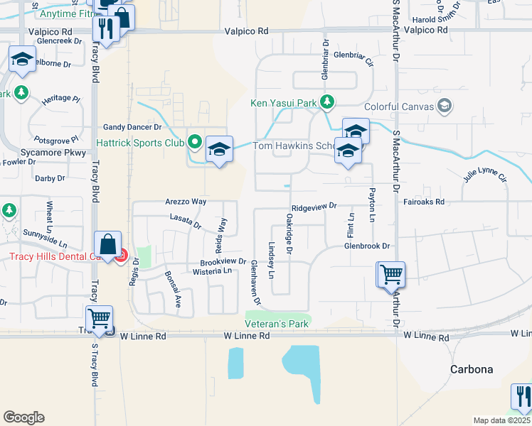 map of restaurants, bars, coffee shops, grocery stores, and more near 133 Ridgeview Drive in Tracy