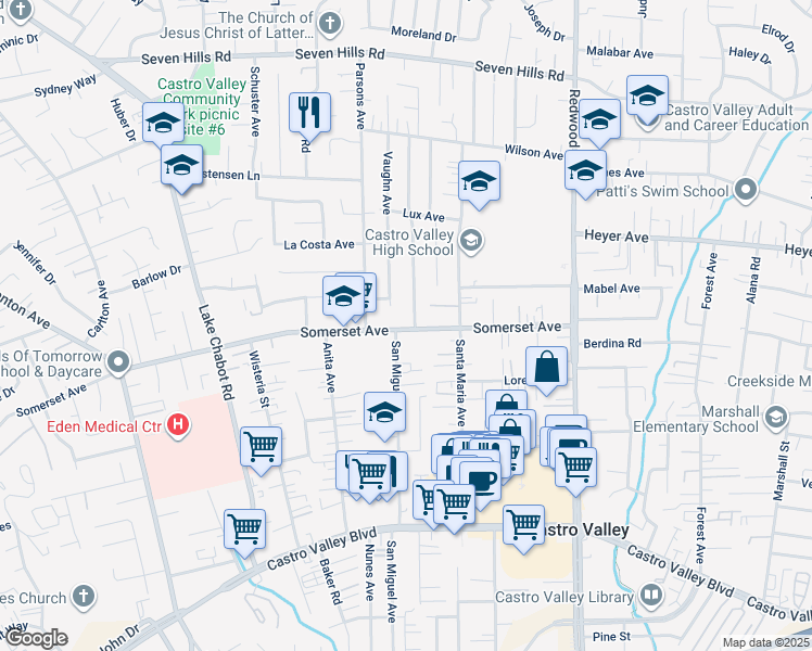 map of restaurants, bars, coffee shops, grocery stores, and more near 19641 San Miguel Avenue in Castro Valley