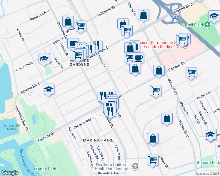 map of restaurants, bars, coffee shops, grocery stores, and more near 13515 Menlo Street in San Leandro