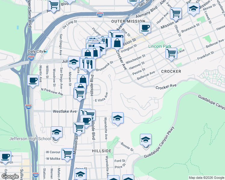 map of restaurants, bars, coffee shops, grocery stores, and more near 135 East Vista Avenue in Daly City