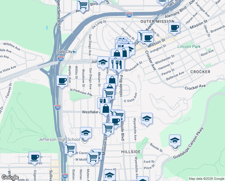 map of restaurants, bars, coffee shops, grocery stores, and more near in Daly City