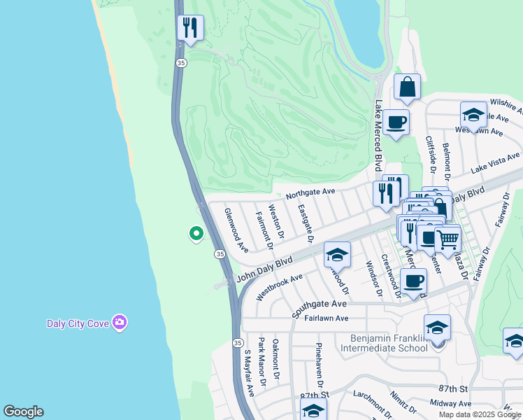 map of restaurants, bars, coffee shops, grocery stores, and more near 280 Northgate Avenue in Daly City