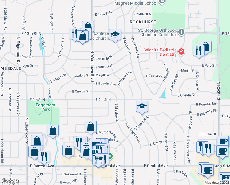 map of restaurants, bars, coffee shops, grocery stores, and more near 1043 North Brookfield Road in Wichita