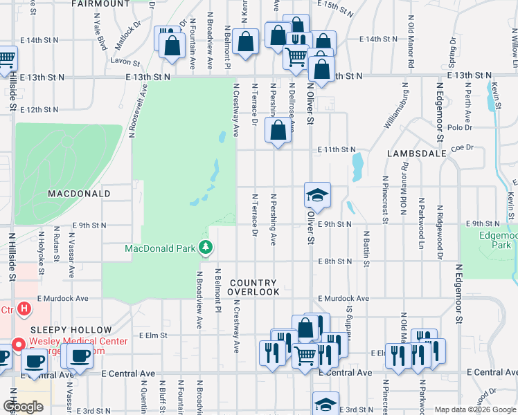 map of restaurants, bars, coffee shops, grocery stores, and more near 1048 North Terrace Drive in Wichita
