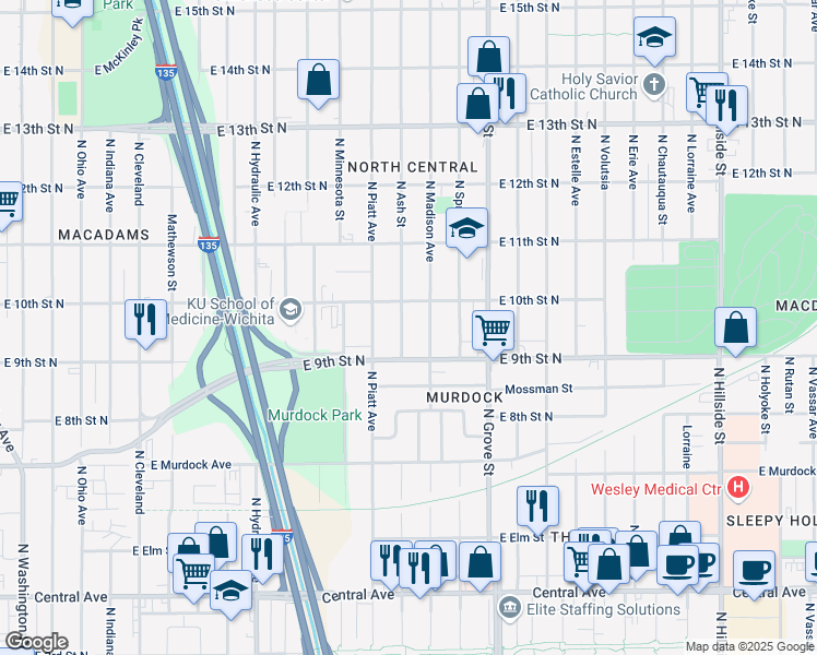 map of restaurants, bars, coffee shops, grocery stores, and more near 1057 North Madison Avenue in Wichita