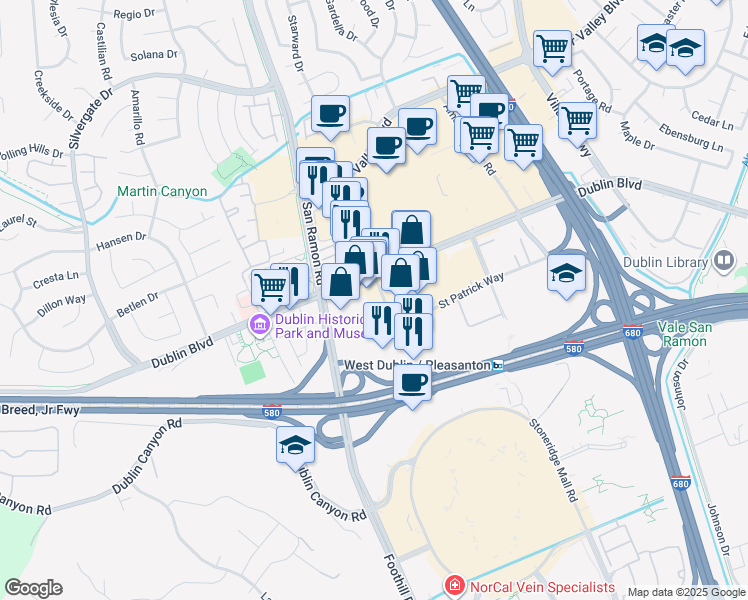 map of restaurants, bars, coffee shops, grocery stores, and more near 6921 Regional Street in Dublin