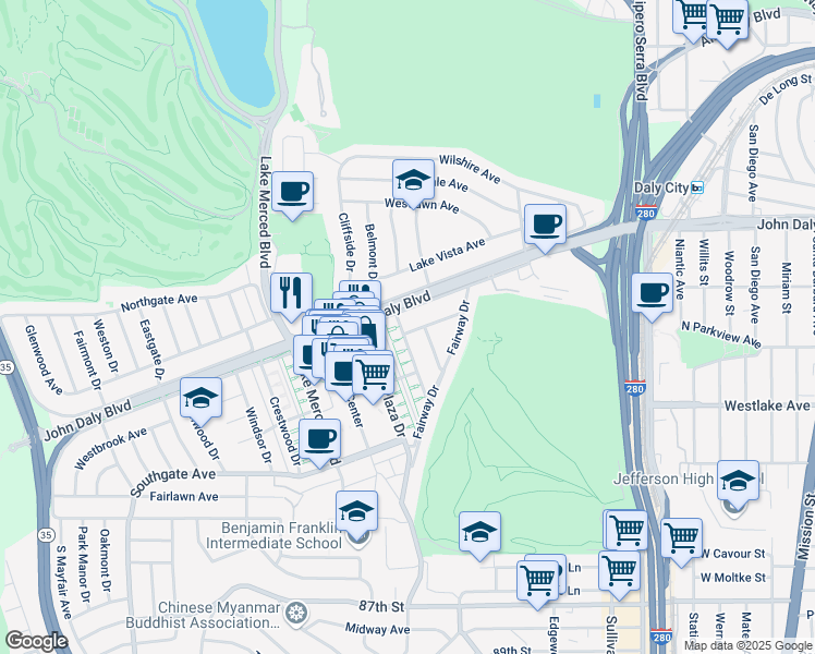 map of restaurants, bars, coffee shops, grocery stores, and more near 98 Castlemont Avenue in Daly City