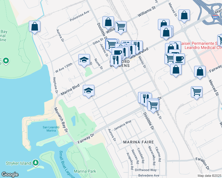map of restaurants, bars, coffee shops, grocery stores, and more near 2347 West Avenue 134th in San Leandro