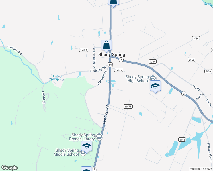 map of restaurants, bars, coffee shops, grocery stores, and more near 214 Flat Top Road in Shady Spring