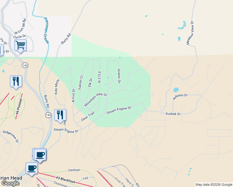 map of restaurants, bars, coffee shops, grocery stores, and more near 311 Scenic Drive in Brian Head