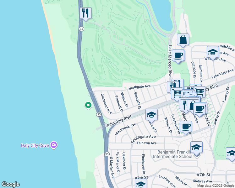 map of restaurants, bars, coffee shops, grocery stores, and more near 280 Northgate Avenue in Daly City