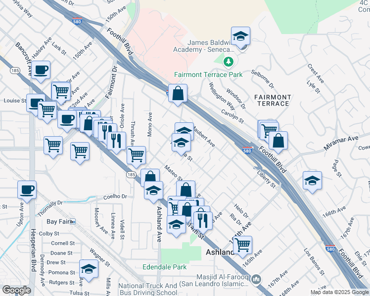 map of restaurants, bars, coffee shops, grocery stores, and more near 15980 Marcella Street in San Leandro