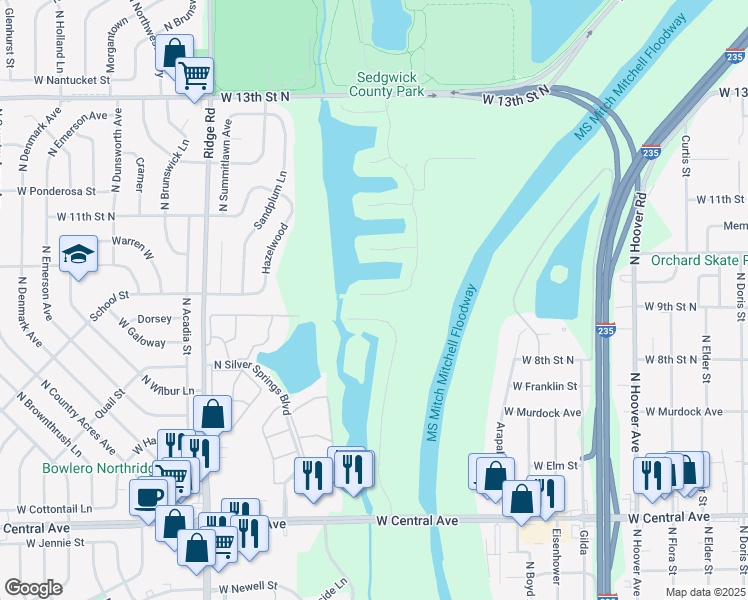 map of restaurants, bars, coffee shops, grocery stores, and more near 6519 West School Circle in Wichita