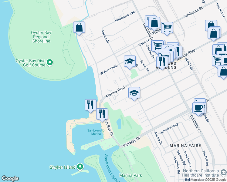 map of restaurants, bars, coffee shops, grocery stores, and more near 2615 Marina Boulevard in San Leandro