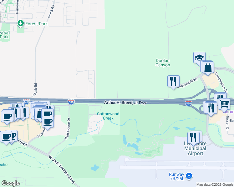 map of restaurants, bars, coffee shops, grocery stores, and more near 1421 Collier Canyon Road in Livermore