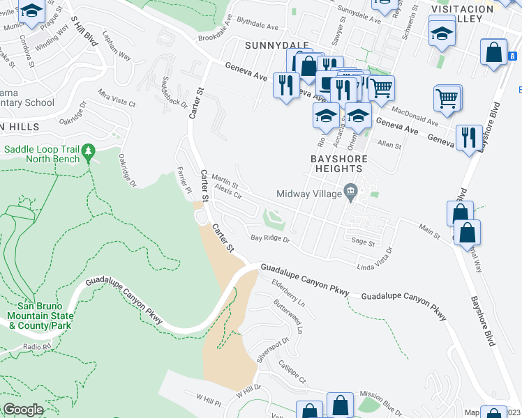 map of restaurants, bars, coffee shops, grocery stores, and more near 561 Alexis Circle in Daly City