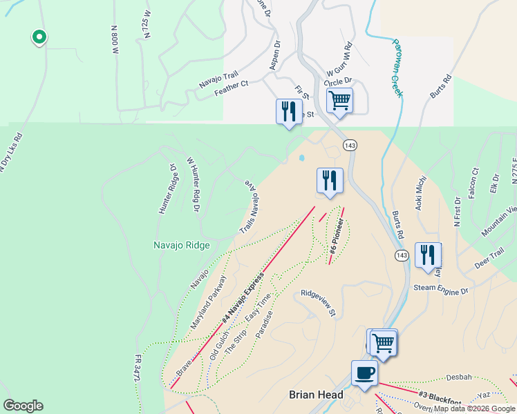 map of restaurants, bars, coffee shops, grocery stores, and more near 314 Trails Navajo Avenue in Brian Head