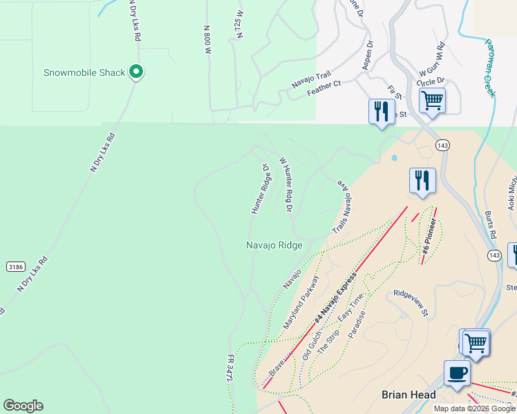 map of restaurants, bars, coffee shops, grocery stores, and more near 697 Hunter Ridge Drive in Brian Head