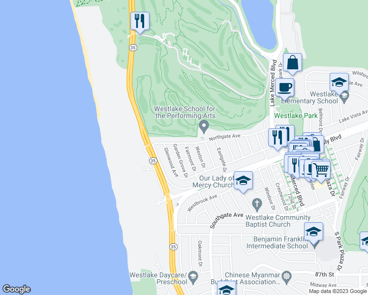 map of restaurants, bars, coffee shops, grocery stores, and more near 91 Fairmont Drive in Daly City