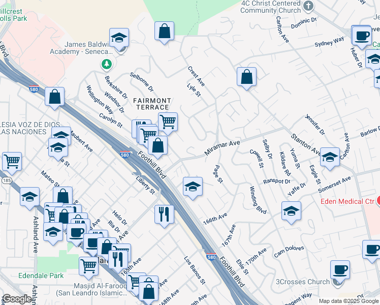 map of restaurants, bars, coffee shops, grocery stores, and more near 16308 Miramar Place in San Leandro