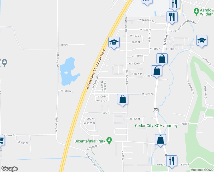 map of restaurants, bars, coffee shops, grocery stores, and more near 1396 North 625 West in Cedar City