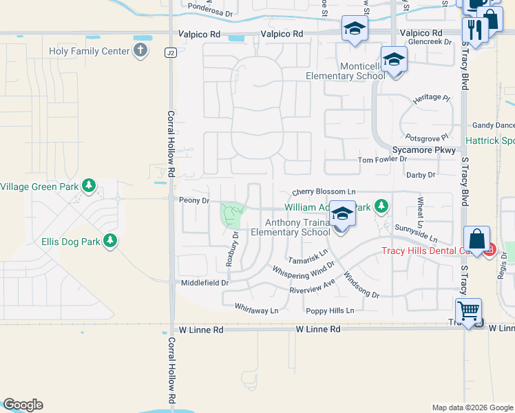 map of restaurants, bars, coffee shops, grocery stores, and more near 3955 Tropaz Lane in Tracy