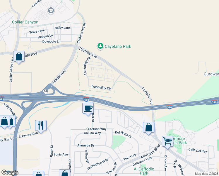 map of restaurants, bars, coffee shops, grocery stores, and more near 697 Sandalwood Drive in Livermore