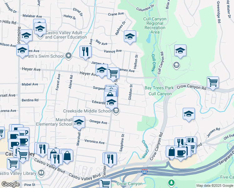 map of restaurants, bars, coffee shops, grocery stores, and more near 19457 Center Street in Castro Valley