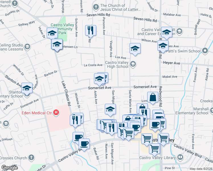 map of restaurants, bars, coffee shops, grocery stores, and more near 19590 Parsons Avenue in Castro Valley