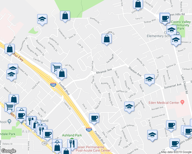map of restaurants, bars, coffee shops, grocery stores, and more near 2503 Miramar Avenue in Castro Valley