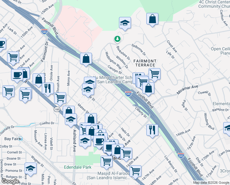 map of restaurants, bars, coffee shops, grocery stores, and more near 1812 Bali Terrace in San Leandro