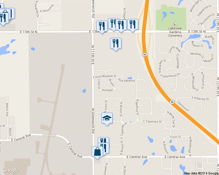 map of restaurants, bars, coffee shops, grocery stores, and more near 1033 Bristol Court in Wichita