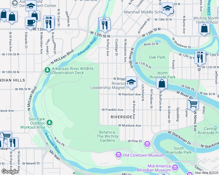 map of restaurants, bars, coffee shops, grocery stores, and more near 1041 North Perry Avenue in Wichita