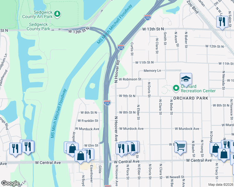 map of restaurants, bars, coffee shops, grocery stores, and more near 5511 West Edminster Street in Wichita