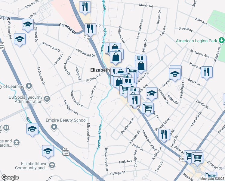 map of restaurants, bars, coffee shops, grocery stores, and more near 1 Osage Court in Elizabethtown