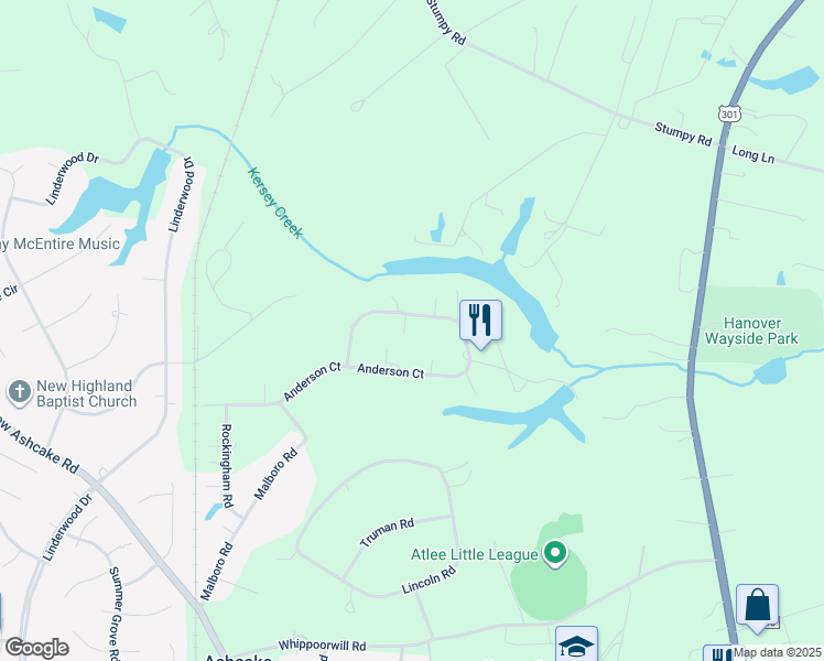 map of restaurants, bars, coffee shops, grocery stores, and more near 8486 Anderson Court in Mechanicsville