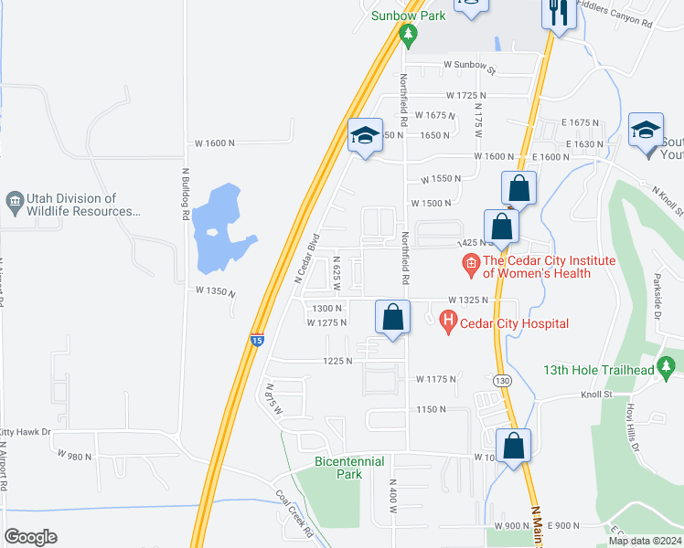 map of restaurants, bars, coffee shops, grocery stores, and more near 1378 North 625 West in Cedar City