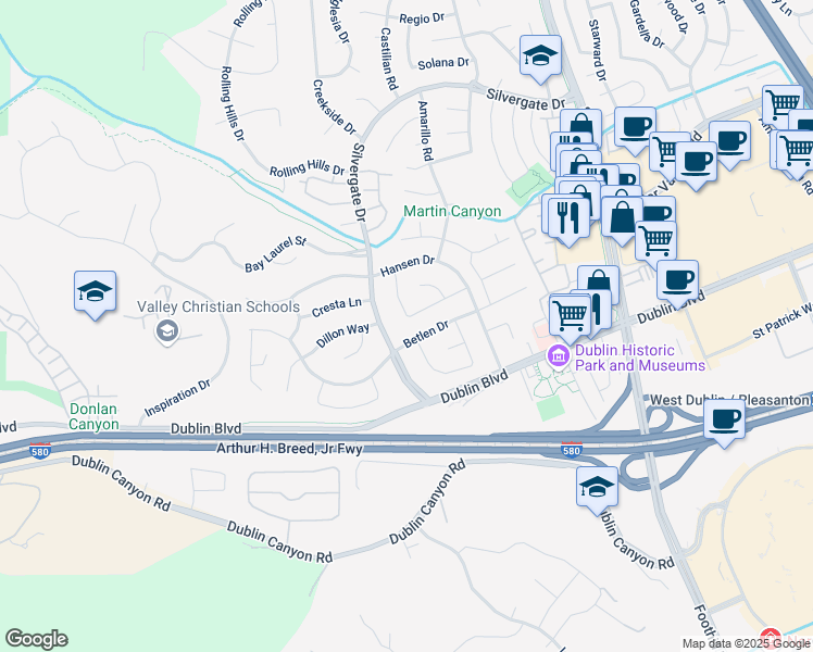 map of restaurants, bars, coffee shops, grocery stores, and more near 11623 Manzanita Lane in Dublin