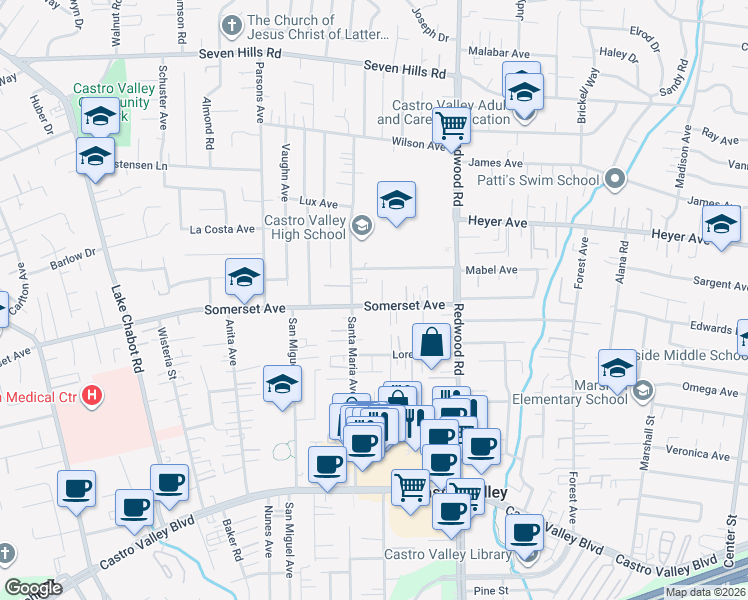map of restaurants, bars, coffee shops, grocery stores, and more near 3780 Somerset Avenue in Castro Valley