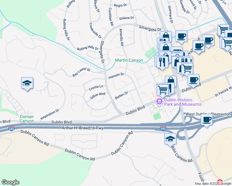 map of restaurants, bars, coffee shops, grocery stores, and more near 11601 Manzanita Lane in Dublin
