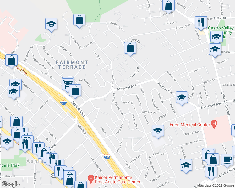 map of restaurants, bars, coffee shops, grocery stores, and more near 2503 Miramar Avenue in Castro Valley