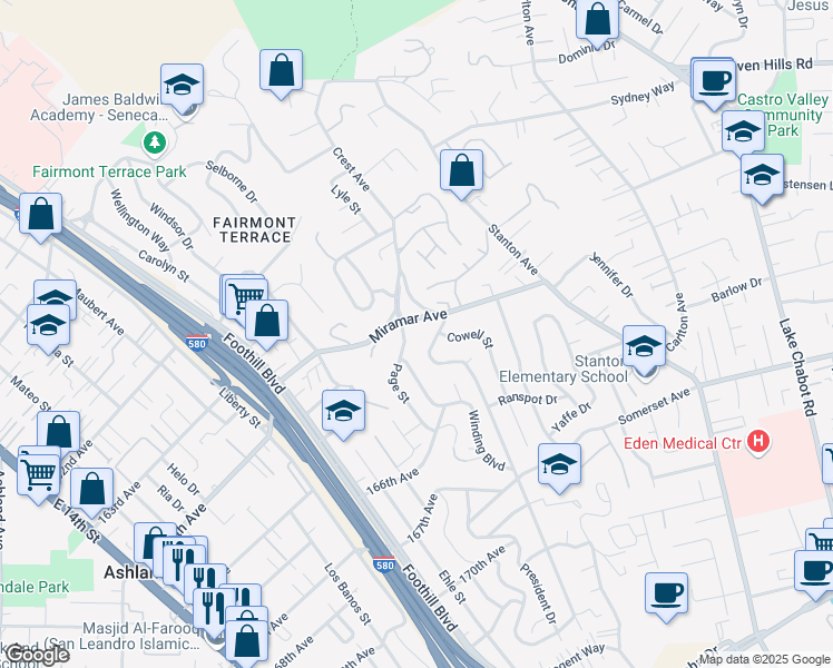 map of restaurants, bars, coffee shops, grocery stores, and more near 2505 Miramar Avenue in San Leandro